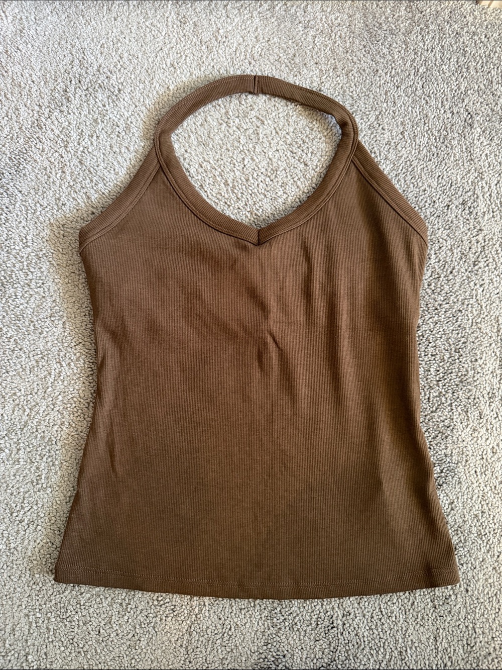 Women's Halter Ribbed Tank Top w/ Built-In Bra - Brown